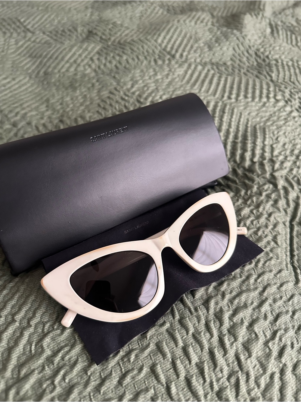 Saint Laurent Cream Cat Eye Sunglasses with Black Lenses